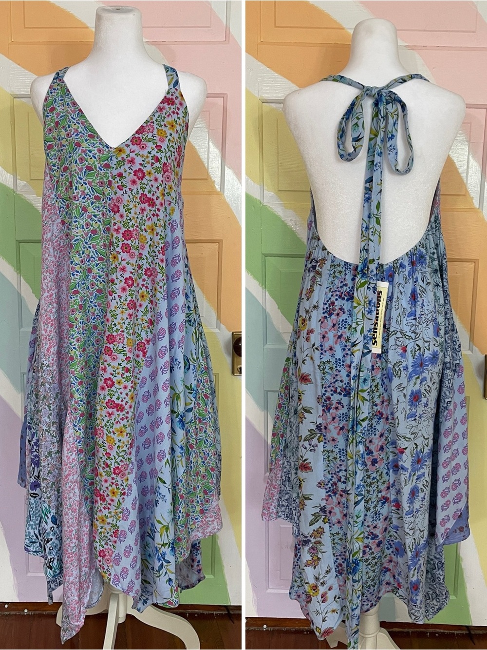 NWT Blue Sky Patchwork Floral Handkerchief Hem Hippie Boho Halter Dress OS ππ
